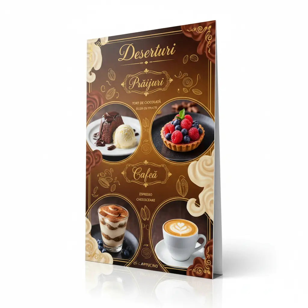 Meniu deserturi și cafenea maro și auriu elegant plastifiat și rezistent cu imagini de prăjituri și cafea