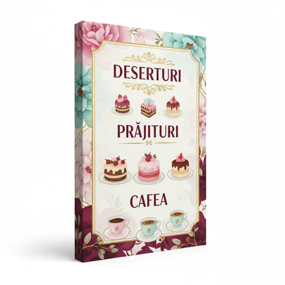 Tipărire meniu deserturi și cafenea plastifiat și rezistent cu print floral de deserturi și cafea pe fundal crem