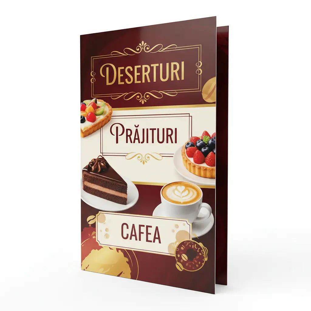 Meniul deserturi și cafenea tipărit plastifiat și rezistent în culori vișiniu și auriu cu imagini de prăjituri și cafea