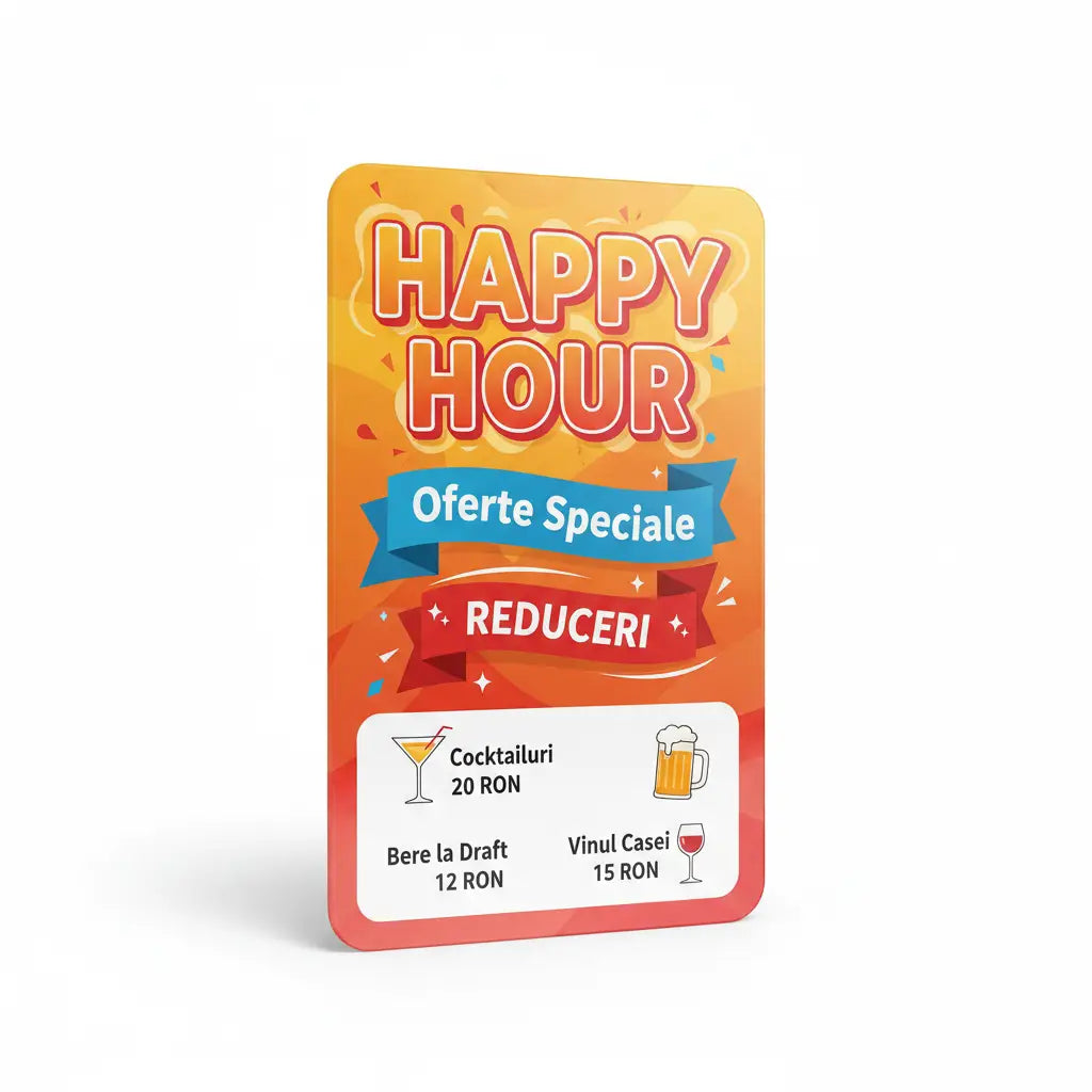 Card vibrant portocaliu și roșu tipărire meniu happy hour pentru oferte speciale cu iconițe cocktail bere draft și vin