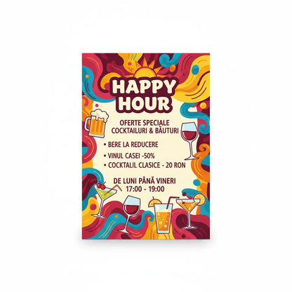 Tipărire meniu happy hour vibrant colorat cu ilustrații de băuturi și modele ondulate pentru oferte speciale