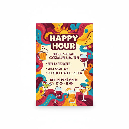 Tipărire meniu happy hour vibrant colorat cu ilustrații de băuturi și modele ondulate pentru oferte speciale