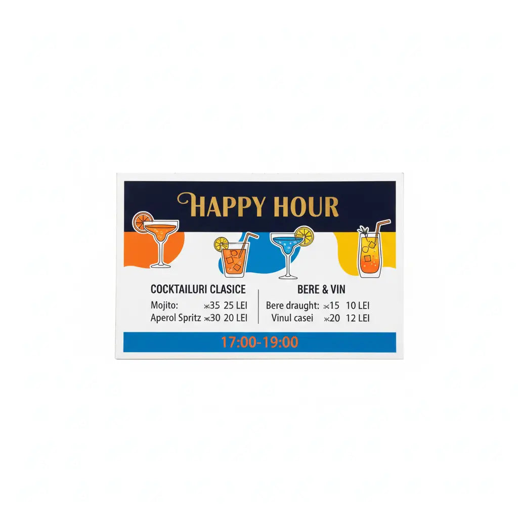 Meniu happy hour tipărit cu ilustrații colorate de cocktailuri și bere și prețuri în lei pentru oferte speciale