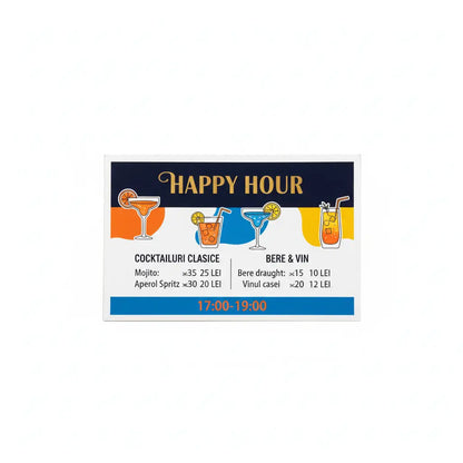 Meniu happy hour tipărit cu ilustrații colorate de cocktailuri și bere și prețuri în lei pentru oferte speciale