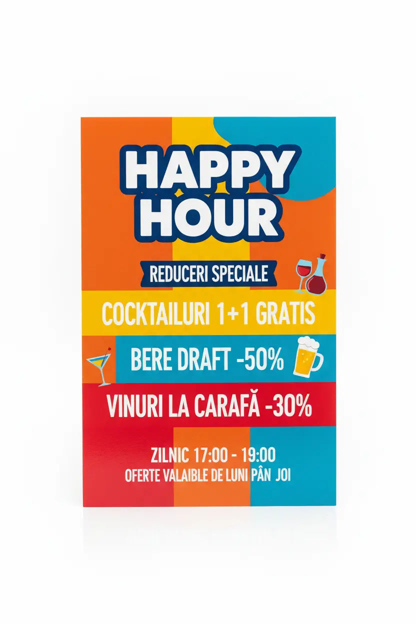 Flyer vibrant pentru happy hour cu text alb îndrăzneț și oferte speciale în nuanțe de portocaliu galben și roșu
