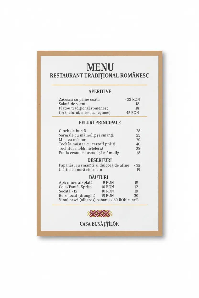 Meniu restaurant tipărit a3 format mare cu ramă bej, text negru, plastifiat și rezistent pentru preparate românești