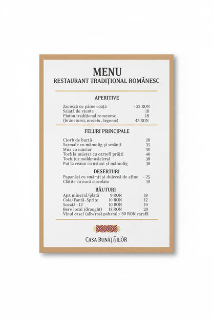 Meniu restaurant tipărit a3 format mare cu ramă bej, text negru, plastifiat și rezistent pentru preparate românești