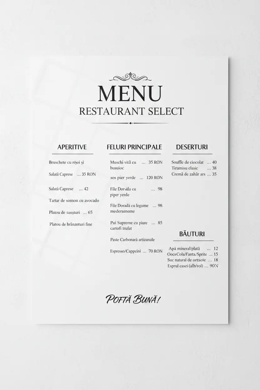 Meniu restaurant a3 format mare alb cu tipografie serif negru si decoratiuni, plastifiat si rezistent pentru restaurant