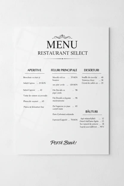 Meniu restaurant a3 format mare alb cu tipografie serif negru si decoratiuni, plastifiat si rezistent pentru restaurant