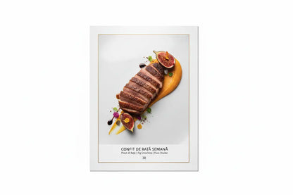 Tipărire meniu restaurant a3 format mare tip poster plastifiat și rezistent cu confit de rață semănă pe sos portocaliu decorat cu smochine și microgreens