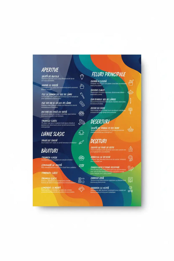 Meniul abstract vibrant tipărit a3 cu gradiente colorate și pictograme minimaliste plastifiat și rezistent pentru restaurant