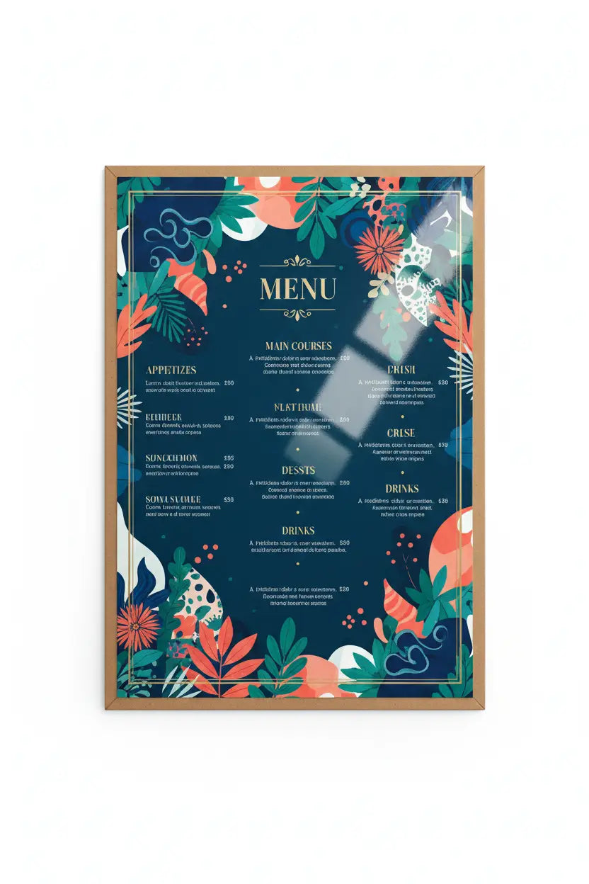 Meniu restaurant a4 cu design botanic vibrant pe fundal bleumarin cu frunze corai si verzi protecție maximă