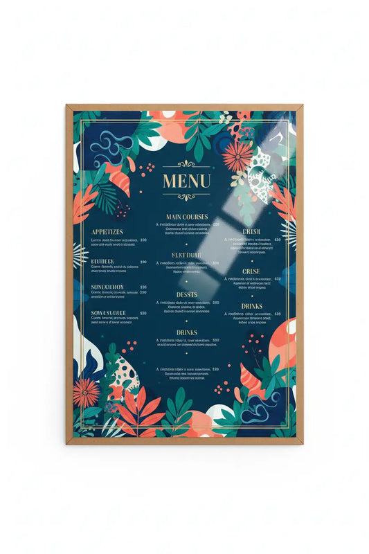 Meniu restaurant a4 cu design botanic vibrant pe fundal bleumarin cu frunze corai si verzi protecție maximă