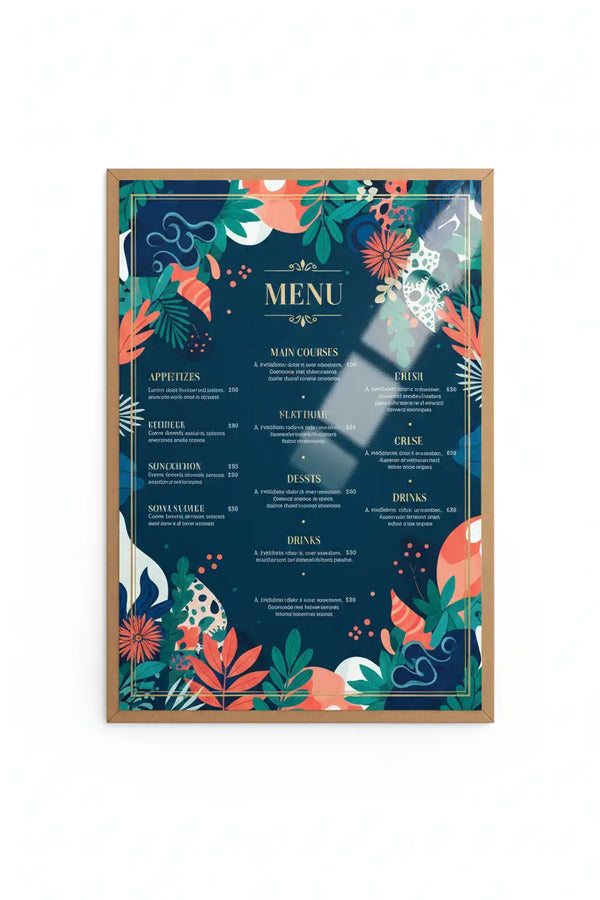 Meniu restaurant a4 cu design botanic vibrant pe fundal bleumarin cu frunze corai si verzi protecție maximă