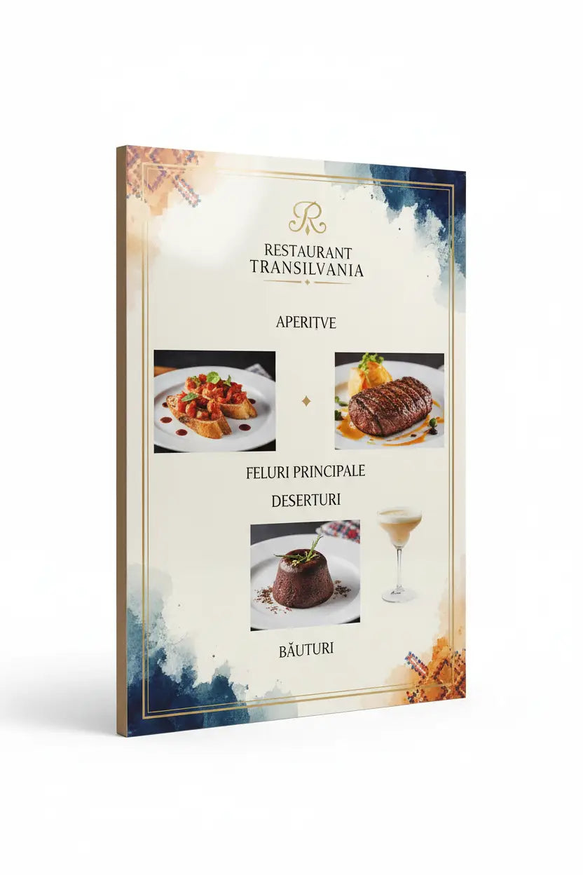 Meniu restaurant a4 tipărit cream cu margini aurii și accente acuarelă pentru transilvania cu preparate și cocktailuri