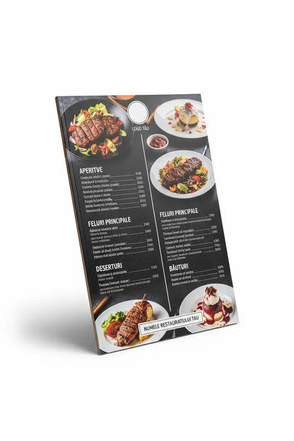 Meniu restaurant tipărire a4 negru lucios cu imagini înaltă rezoluție steak și deserturi farfurii albe pe fundal închis
