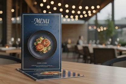 Meniu restaurant a4 format standard albastru inchis cu protecție maximă si design personalizat cu platou de scoici la tigaie pe masa din lemn