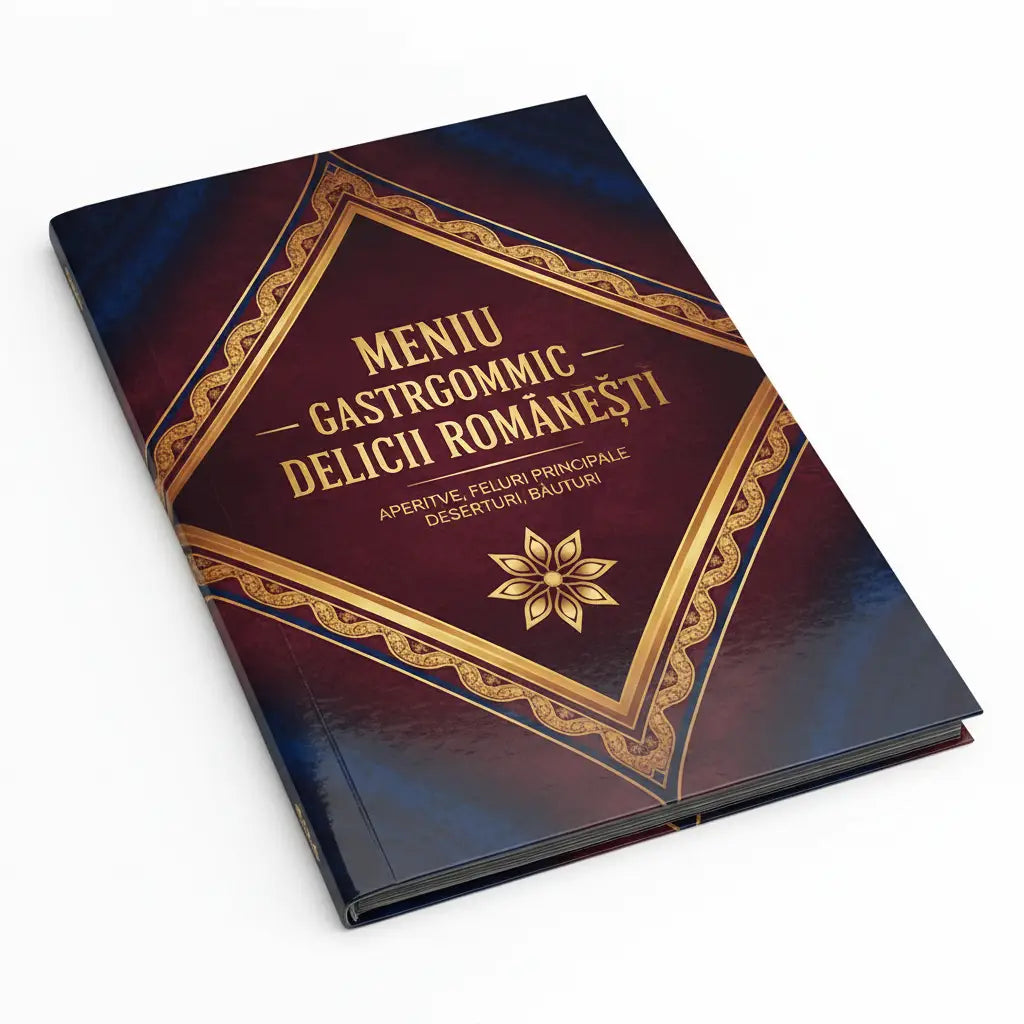 Meniu restaurant a5 compact plastifiat si rezistent luxos rosu inchis si bleumarin cu litere aurii si emblemă florală centrală