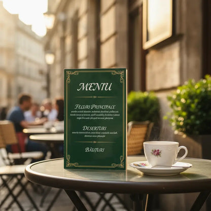 Meniu restaurant a5 compact verde cu bordură aurie ornate, plastifiat și rezistent, pe masa unei cafenele