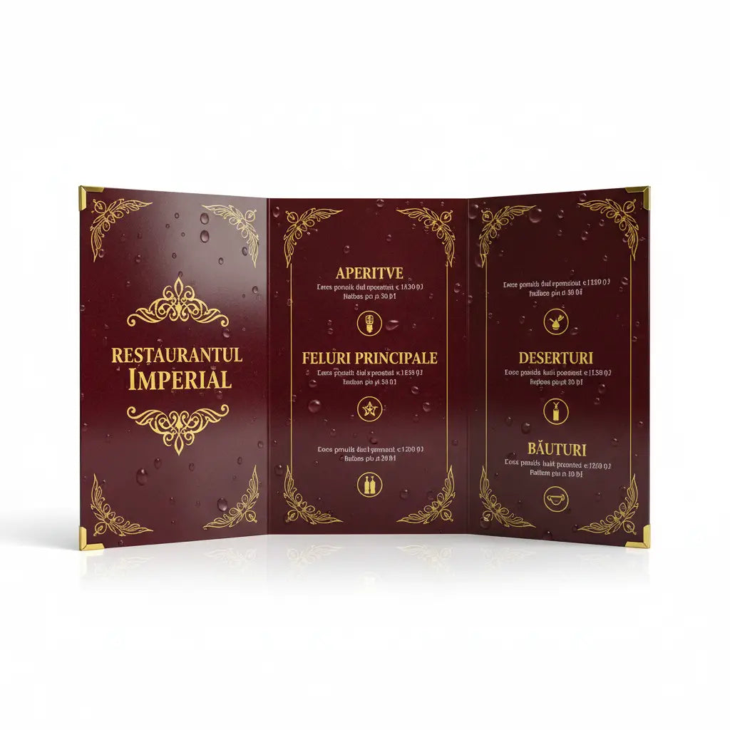 Meniu restaurant pliabil elegant maroniu cu detalii aurii si borduri ornamentale rezistent outdoor impermeabil