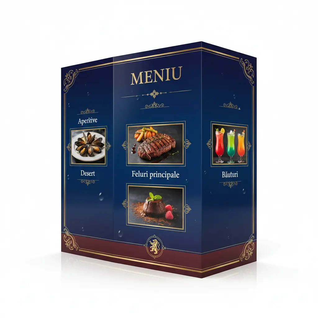 Elegant cutie de meniu pliabil impermeabil albastru navy cu ornamente aurii și imagini de preparate restaurant outdoor