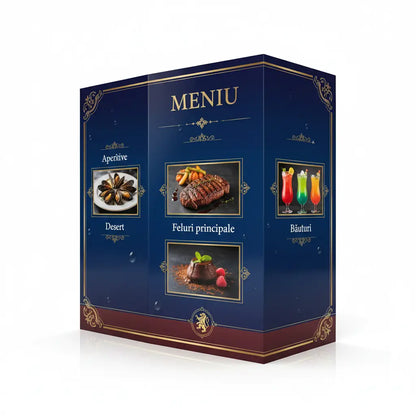 Elegant cutie de meniu pliabil impermeabil albastru navy cu ornamente aurii și imagini de preparate restaurant outdoor