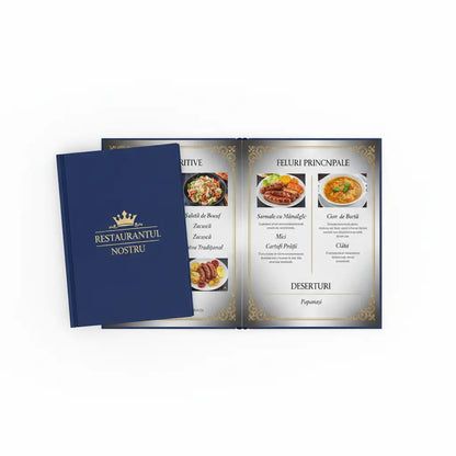 Menu restaurant tip carte deep navy blue cu coroana aurie si interior lustruit cu feluri romanesti si design elegant