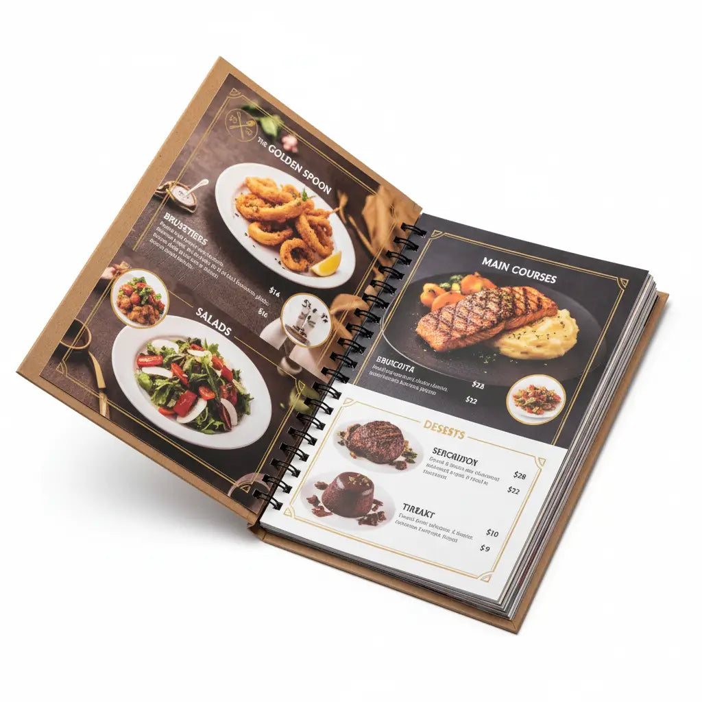 Meniul restaurantului the golden spoon tip carte spiralată cu accente aurii și negre elegante, plastifiat și paginat
