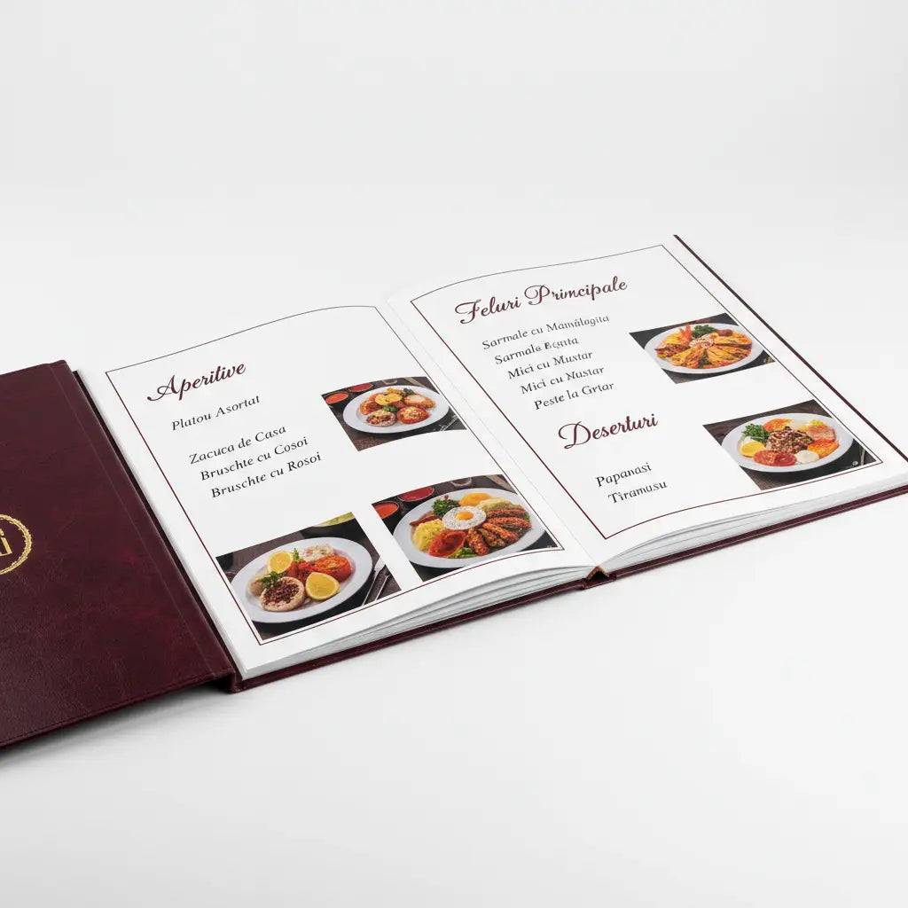 Carte de meniu restaurant maro din piele cu pagini albe plastifiate si eleganta, cu preparate in limba romana si fotografii