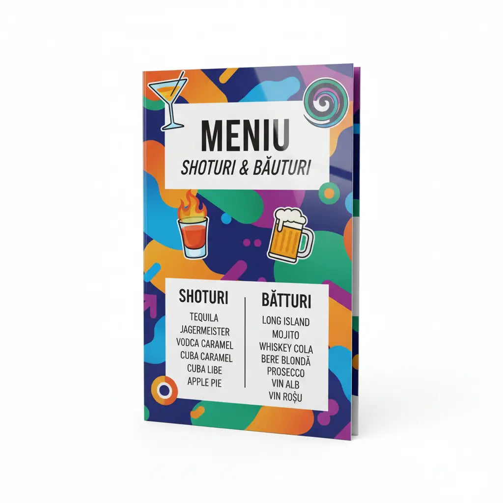 Meniul vibrant și colorat tipărit shots și quick drinks format buzunar plastifiat și rezistent cu pictograme jucăușe