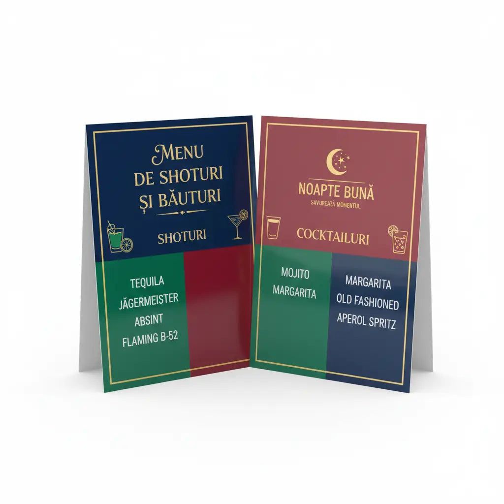 Două meniuri elegante pentru cocktail pliabile tipărire meniu shots & quick drinks format buzunar plastifiat și rezistent cu margini aurii și design color block bleumarin roșu închis verde pădure și bordo