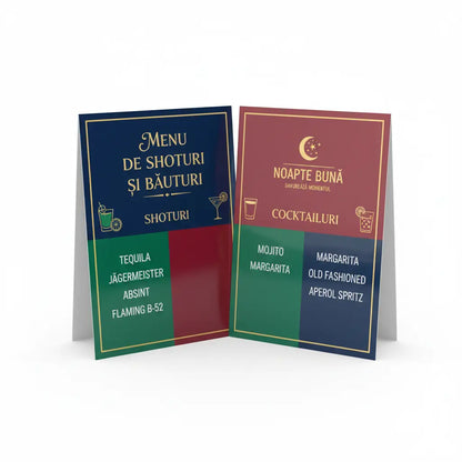 Două meniuri elegante pentru cocktail pliabile tipărire meniu shots & quick drinks format buzunar plastifiat și rezistent cu margini aurii și design color block bleumarin roșu închis verde pădure și bordo