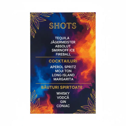 Meniul vibrant tipărire meniu shots și quick drinks format buzunar plastifiat cu fundal gradient portocaliu și albastru