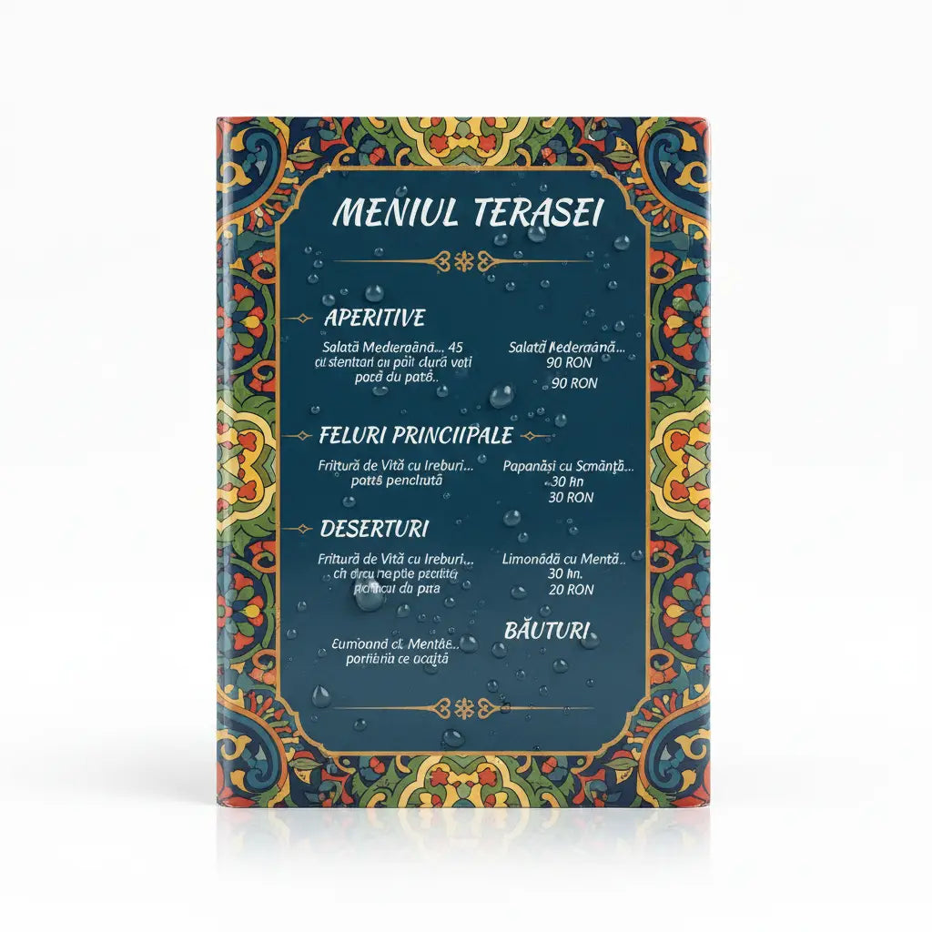 Meniu terasă rezistent la apă cu margine colorată florală și paisley pe fundal verde închis pentru utilizare outdoor