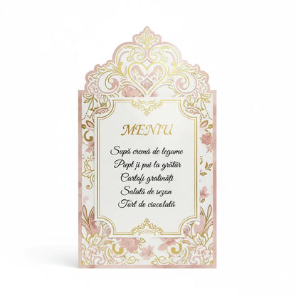 Elegant meniu roz si auriu cu decupaj personalizat si plastifiere premium cu detalii florale ornate