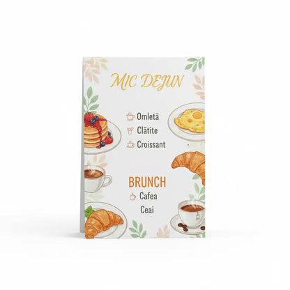 Meniuri mic dejun și brunch plastifiate personalizabile albe cu text auriu portocaliu și decor frunze verzi deschis