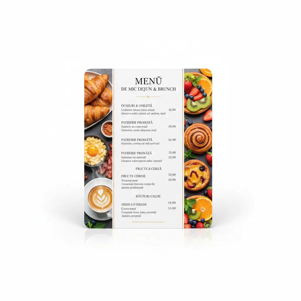 Meniu vertical tipărire meniuri mic dejun și brunch plastifiat alb cu text negru și imagini colorate de mâncare