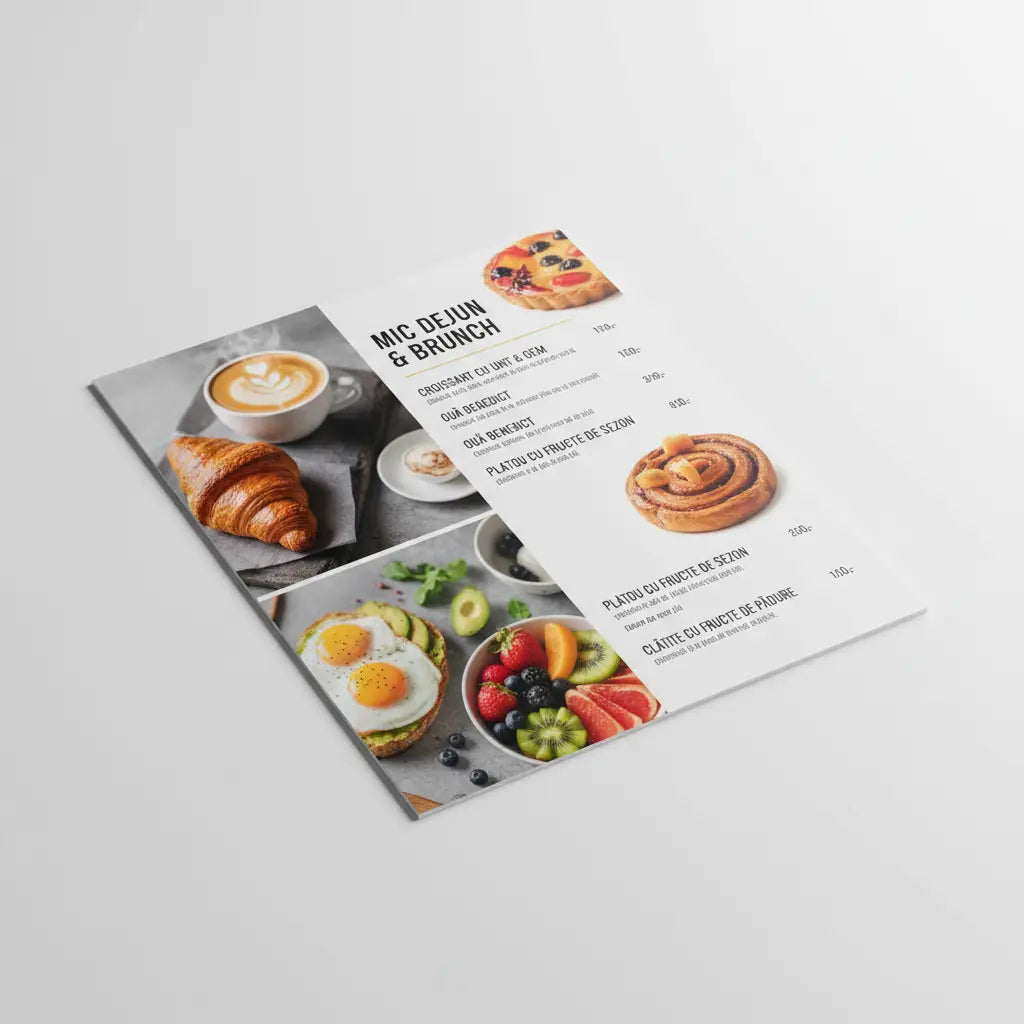 Meniuri mic dejun și brunch plastifiate personalizabile albe minimalist cu text negru și fotografii apetisante de mâncare