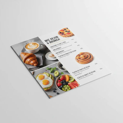 Meniuri mic dejun și brunch plastifiate personalizabile albe minimalist cu text negru și fotografii apetisante de mâncare