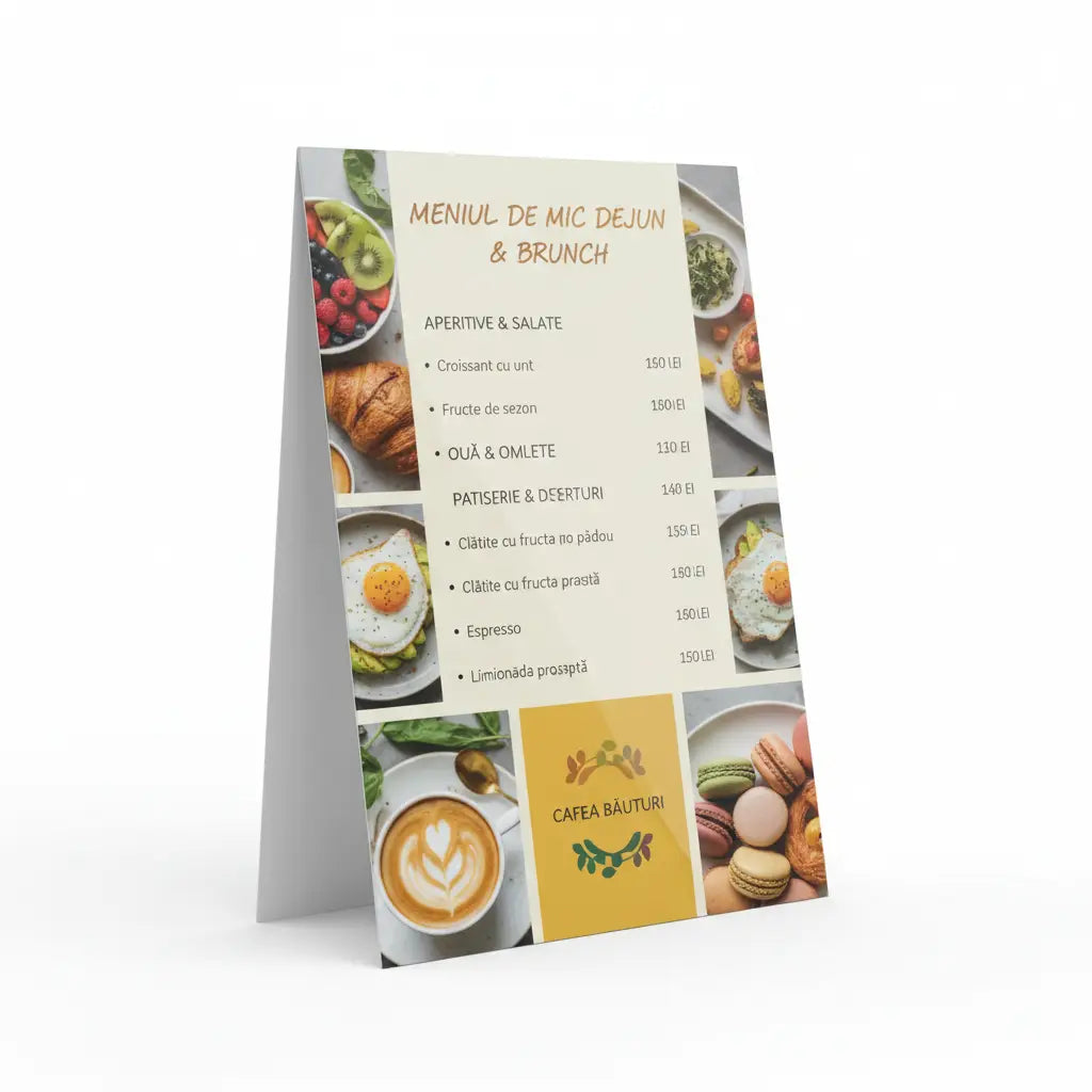 Meniu stand pentru cafea băuturi cu fundal bej, poze colorate și text negru, plastifiat și personalizabil pentru mic dejun și brunch