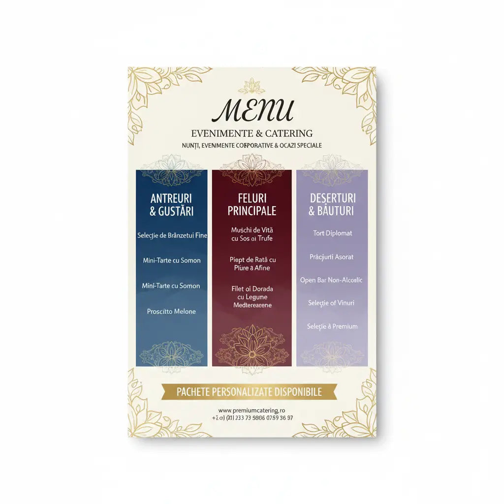 Elegant meniu plastifiat crem cu borduri aurii floral și secțiuni verticale colorate pentru catering și evenimente
