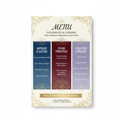 Elegant meniu plastifiat crem cu borduri aurii floral și secțiuni verticale colorate pentru catering și evenimente
