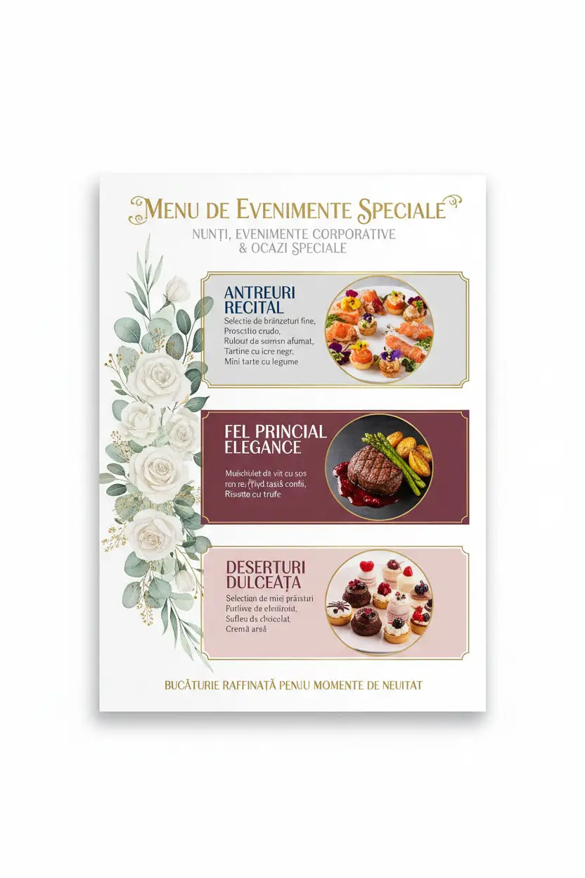 Meniuri plastifiate albe si aurii pentru catering si evenimente cu sectiuni antreuri recital fel principal elegance deserturi dulceata