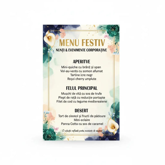 Meniu rectangular stil acuarelă cu litere aurii și borduri florale pentru catering și evenimente plastifiat personalizat