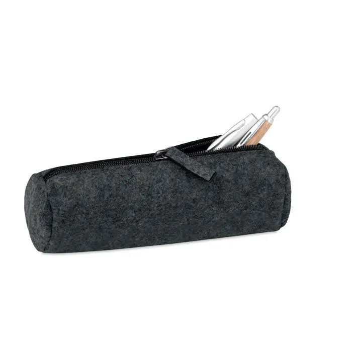 Toc de creion din fetru gri inchis cu fermoar negru si maner, continand pixuri, ideal pentru depozitare