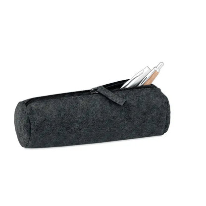 Toc de creion din fetru gri inchis cu fermoar negru si maner, continand pixuri, ideal pentru depozitare