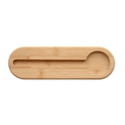 Light brown bamboo serving tray with a long rectangular slot and circular indentation for toc de creion din fetru rpet cu capac