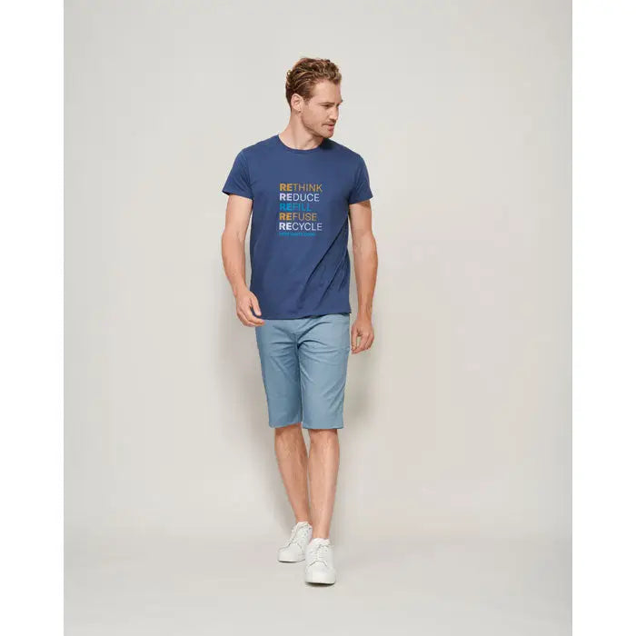 Tricou barbati crusader 150g albastru cu maneci scurte si imprimeu colorat rethink reduce reuse refuse recycle