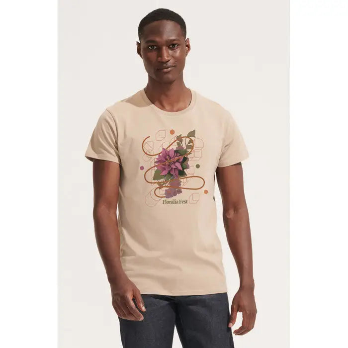 Tricou bărbătesc crusader 150g bej cu mâneci scurte și imprimeu floral vibrant cu flori mov și accente geometrice abstracte