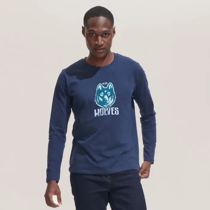 Tricou bărbați lsl imperial190 bleumarin cu mâneci lungi și logo lup albastru cu text blue wolves pe piept